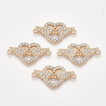 Alloy Links connectors, with Rhinestone, Heart with Wing, Crystal, Golden, 15x28x2mm, Hole: 1.6mm