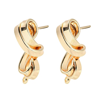 Brass Stud Earrings Findings, with Loops, Twist, Real 18K Gold Plated, 28x10mm, Hole: 1.4mm, Pin: 10x0.8mm