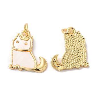 Rack Plating Brass Pendants, Cat Shape Charms, with Natural Shell, Long-Lasting Plated, Cadmium Free & Lead Free, Real 18K Gold Plated, 18.5x16x3mm, Hole: 3.4mm