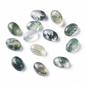 Natural Moss Agate Cabochons, Flat Back, Oval, 7.5x5.5x3mm