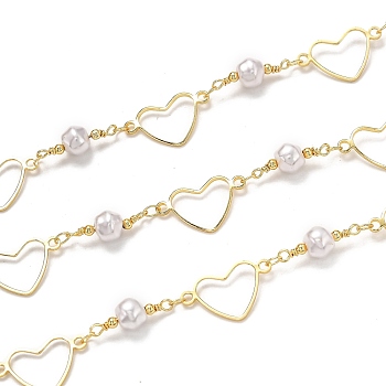 3.28 Feet Handmade Brass Link Chains, with Acrylic Imitation Pearl, Long-Lasting Plated, Soldered, Heart, Golden, Links: 12x20.1x1mm and 18.5x6.7mm