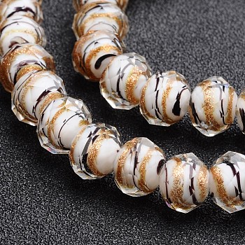 Handmade Gold Sand Lampwork Rondelle Beads Strands, Faceted, White, 12x9mm, Hole: 1mm, 40pcs/strand, 14.2~15.4 inch