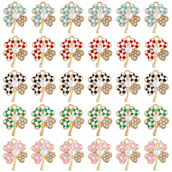 30Pcs 5 Colors Alloy Enamel Pendants, with Rhinestone and ABS Plastic Imitation Pearl Beads, Clover with Tartan Pattern, Mixed Color, 21x16x6mm, Hole: 1.8mm, 6pcs/color