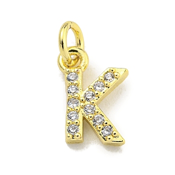 Letter Brass Micro Pave Clear Cubic Zirconia Pendants, Jump Ring, Real 18K Gold Plated, Letter K, 10x7x1.8mm, Jump Ring: 4x0.9mm, Hole: 2.5mm