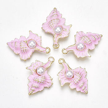 Spray Painted Alloy Pendants, with ABS Plastic Imitation Pearl, Conch, Light Gold, Pink, 31.5x22x7mm, Hole: 2mm