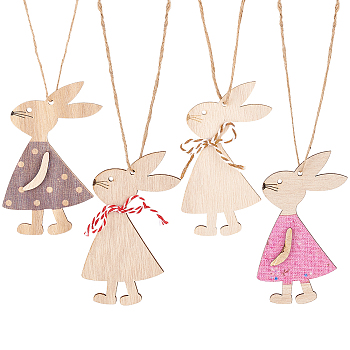 Globleland 4 Sets 2 Style Wood Easter Bunny Pendant Decoration, with Hemp Rope, Mixed Color, 110x61x5mm and 110x70x6mm, 2 sets/style