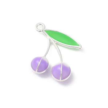 Alloy Enamel Pendants, Cadmium Free & Nickel Free & Lead Free, Cherry Charm, Rack Plating, Platinum, Lilac, 23.5x18.5x6mm, Hole: 1.6mm