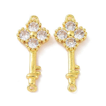 Real 18K Gold Plated Brass Pave Cubic Zirconia Connector Charms, Key Links, Clear, 20.5x9x3.5mm, Hole: 1mm