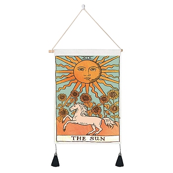 Tarot Pattern Polycotton Wall Hanging Tapestry, Vertical Tapestry, with Wood Rod & Iron Traceless Nail & Cord, for Home Decoration, Rectangle, The Sun XIX, 500x350mm