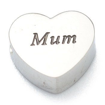 304 Stainless Steel Beads, Heart with Word Mum, for Mother's Day, Stainless Steel Color, 7x8x3mm, Hole: 2mm