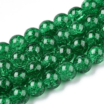 Spray Painted Crackle Glass Beads Strands, Round, Green, 8mm, Hole: 1.3~1.6mm, about 102~105pcs/strand, 30.55 inch~31.18 inch(77.6~79.2cm)