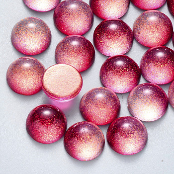 Spray Painted Glass Cabochons, with Glitter Powder, Half Round/Dome, Fuchsia, 10x5mm