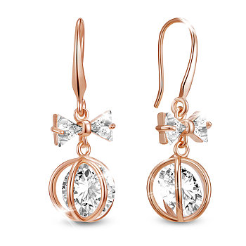 SHEGRACE Brass Dangle Earrings, with Grade AAA Cubic Zirconia, Bowknot and Round, Rose Gold, 37mm