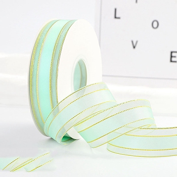 Polyester Organza Ribbons with Gold Edge, Garment Accessories, Gift Wrapping Ribbon, Aquamarine, 1 inch(25mm), about 49.21 Yards(45m)/Roll