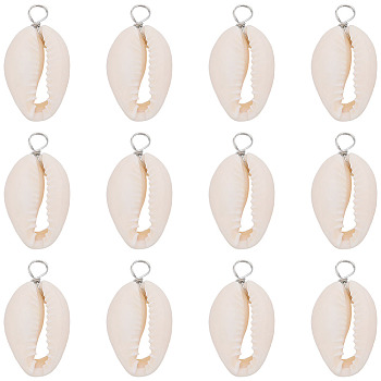 30Pcs Natural Cowrie Shell Pendants, Shell Charms with Eco-Friendly Copper Wire Loops, Real Platinum Plated, 27~30x14~15x7~7.5mm, Hole: 4mm