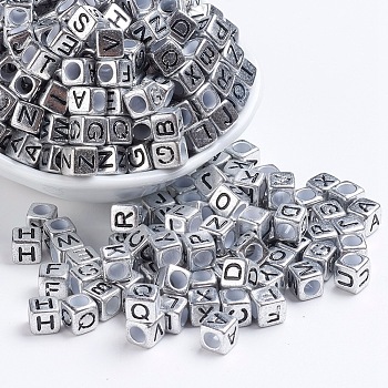 Antique Silver Plated Large Hole Acrylic European Beads, Horizontal Hole, Cube with Letter, Random Mixed Letters, 6x6x6mm, Hole: 4mm, about 2950pcs/500g