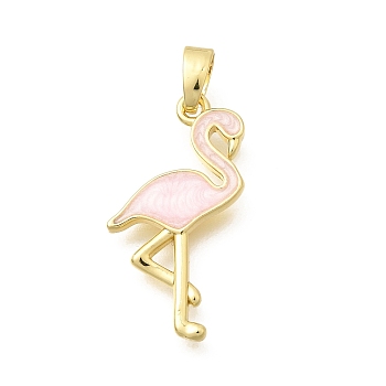 Brass Enamel Pendants, Flamingo Charms, Long-Lasting Plated, Real 18K Gold Plated, Pink, 22x12x2mm, Hole: 5x3mm