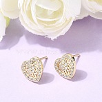 Valentine's Day Heart Brass Micro Pave Clear Cubic Zirconia Stud Earrings, Cadmium Free & Lead Free, Long-Lasting Plated, Rack Plating, Real 18K Gold Plated, 9.5x10mm(EJEW-C186-17G-01)