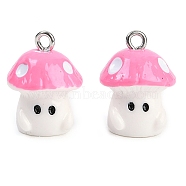 Opaque Resin Pendants, Mushroom Charms, with Platinum Tone Iron Loop, Pink, 19x14x14mm, Hole: 2mm(CRES-U003-01F)