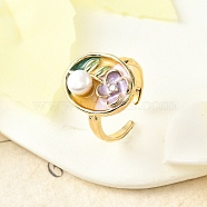 Brass Enamel Cuff Rings, with Natural Freshwater Pearl, Real 18K Gold Plated, Oval with Flower, Lilac, Inner Diameter: 16mm(RJEW-K291-03G-03)