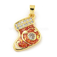 Christmas Brass Micro Pave Cubic Zirconia Pendant, with Synthetic Opal, Christmas Stocking, Crimson, 17x18x3mm, Hole: 5x3mm(KK-H468-02D-02G)
