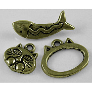 Tibetan Style Kitten Theme Alloy Toggle Clasps, Cat & Fish, Antique Bronze Color, Lead Free & Cadmium Free, Oval: 18x15mm, Cat: 13x12.5mm, Fish: 20x6.5mm, Hole: 2mm(X-MLF5053Y)