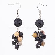 Natural Lava Rock & Crazy Agate Dangle Earrings, Cluster Earrings, with Brass Findings, Platinum, Round, 66mm, Pin: 0.6mm(EJEW-JE02511-01)