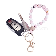 Silicone Round Beaded Keychain Wristlet, Letter Love Natural Lava Rock Beads Keychain, with Alloy Keychain Clasps Finding, Pink, 20.08cm(KEYC-SW00006-03)