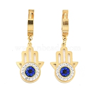 Hamsa Hand with Evil Eye 304 Stainless Steel Dangle Earrings, Glass and Rhinestone Hoop Earrings for Women, Real 18K Gold Plated, 36.5x14mm(EJEW-L283-069G)