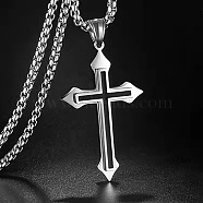 Cross Alloy Black Enamel Pendant Necklaces, 202 Stainless Steel Box Chain Necklaces for Men, Stainless Steel Color, 23.62 inch(60cm)(FS-WGF2765-01)