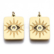 304 Stainless Steel Pendants, with Jump Rings and Rhinestone, Rectangle with Eye, Real 14K Gold Plated, 15.5x11x1mm, Jump Ring: 2.7x0.4mm, 1.9mm inner diameter(STAS-S116-364G)