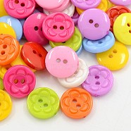 Acrylic Sewing Buttons for Clothes Design, Plastic Buttons, 2-Hole, Dyed, Flat Round with Flower Pattern, Mixed Color, 12.5x3mm, Hole: 1mm(Y-BUTT-E083-F-M)
