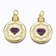 Brass Micro Pave Cubic Zirconia Pendants, with Jump Rings, Nickel Free, Flat Round with Heart, Real 16K Gold Plated, Medium Violet Red, 24.5x18x3mm, Hole: 3mm(ZIRC-N039-148B-NF)