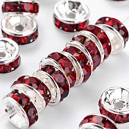 Brass Rhinestone Spacer Beads, Grade A, Straight Flange, Silver Color Plated, Rondelle, Siam, 6x3mm, Hole: 1mm(RB-A014-Z6mm-22S)