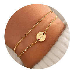 201 Stainless Steel Multi-strand Bracelets, Flat Round with Letter Link Bracelets for Women, Golden, Letter C, 6-3/4 inch(17cm)(FS-WG545AB-26)