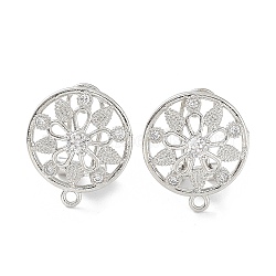 Hollow Flower Brass Micro Pave Cubic Zirconia Stud Earrings Finding, with Horizontal Loops, Cadmium Free & Lead Free, Platinum, 18.5x16mm, Hole: 1.2mm, Pin: 0.8mm(KK-E083-09P)