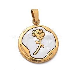 Plastic Pendants, with Ion Plating(IP) 304 Stainless Steel Findings, Real 18K Gold Plated, Flat Round with Rose, White, 21.5x18x2mm, Hole: 6x3mm(STAS-P378-03G-02)