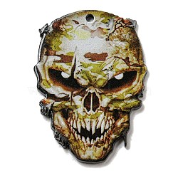 Printed Aerylic Pendants, Skull, Yellow Green, 39x28x2mm, Hole: 1.6mm(OACR-P026-F07)