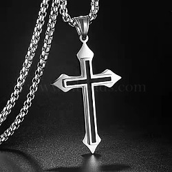 Cross Alloy Black Enamel Pendant Necklaces, 202 Stainless Steel Box Chain Necklaces for Men, Stainless Steel Color, 23.62 inch(60cm)(FS-WGF2765-01)