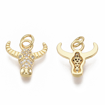 Brass Micro Pave Cubic Zirconia Charms, Cow Head, Real 18K Gold Plated, Clear, 14x14x3mm, Jump Ring: 5x1mm, 3mm inner diameter