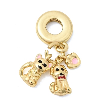 Brass Black and Pink Enamel European Dangle Charms, Dog Paw Print Pendants, Cadmium Free & Lead Free, Long-Lasting Plated, Rack Plating, Real 18K Gold Plated, 25.5mm, Hole: 4.5mm