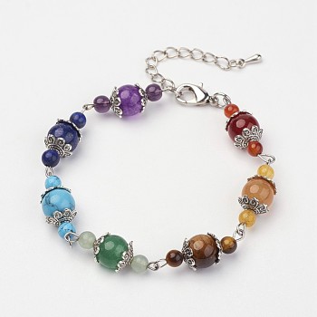 Natural & Synthetic Gemstone Beaded Bracelets, with Alloy Bead Caps and Brass Lobster Claw Clasps, Colorful, 7-1/8 inch(180mm)