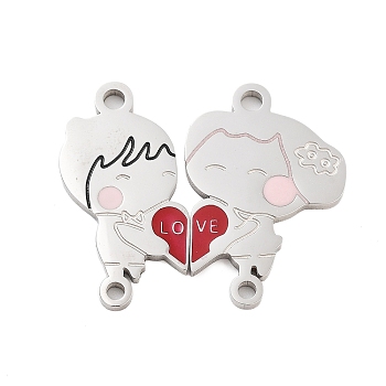 Valentine's Day 304 Stainless Steel FireBrick Enamel Man & Woman with Love Heart Connector Charms Set, Stainless Steel Color, 22x26x1mm, Hole: 1.8mm, Man: 22x11x1mm, Woman: 21.5x15x1mm, 2pcs/set