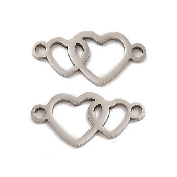 201 Stainless Steel Connector Charms, Hollow Double Heart Links, Stainless Steel Color, 8x16x1mm, Hole: 1.4mm