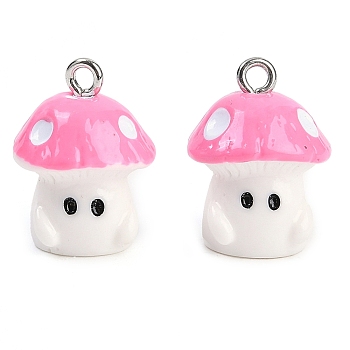 Opaque Resin Pendants, Mushroom Charms, with Platinum Tone Iron Loop, Pink, 19x14x14mm, Hole: 2mm