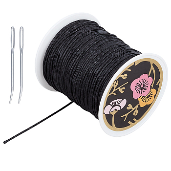 1 Roll 2MM Round Nylon Braided Cord, Chinese Knotting Cord for Beading Jewelry Making Macrame Craft, with 2Pcs Aluminum Knitting Needles, Black, 2mm, about 98.42 yards(90m)/roll