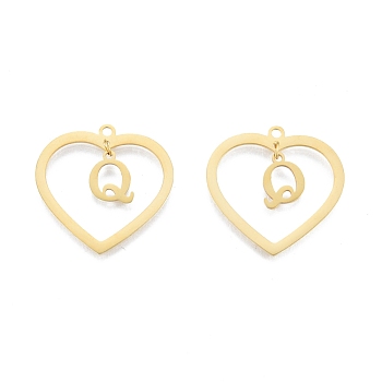 201 Stainless Steel Pendants, Hollow, Heart with Letter A~Z, Real 18K Gold Plated, Letter.Q, 29x29.5x1mm, Hole: 2mm, A~Z: 12x8~10.5x1mm