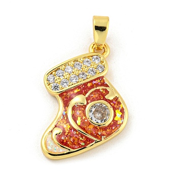 Christmas Brass Micro Pave Cubic Zirconia Pendant, with Synthetic Opal, Christmas Stocking, Crimson, 17x18x3mm, Hole: 5x3mm