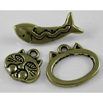 Tibetan Style Kitten Theme Alloy Toggle Clasps, Cat & Fish, Antique Bronze Color, Lead Free & Cadmium Free, Oval: 18x15mm, Cat: 13x12.5mm, Fish: 20x6.5mm, Hole: 2mm