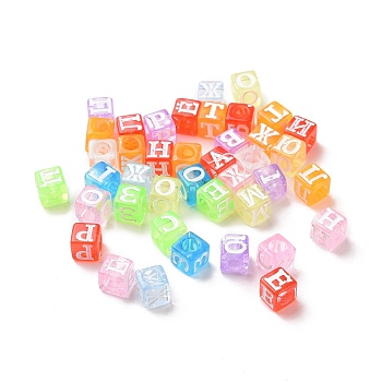 Spray Painted Transparent Acrylic Beads, Cube with Number & Letter, Mixed Color, 6x6x6mm, Hole: 3.2mm, about 2920pcs/500g